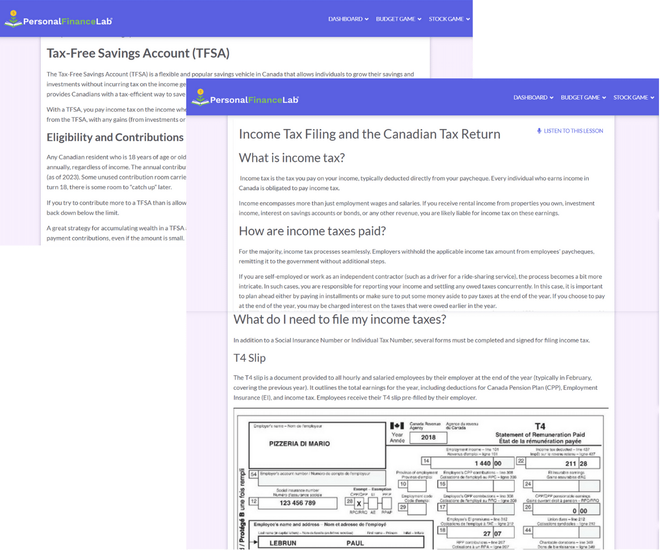 Composite screenshot of PersonalFinanceLab's Canadian financial literacy lessons on TFSAs and income tax filing, including a T4 slip example