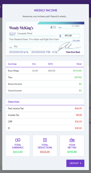 Screenshot of a Canadian paycheck in the budgeting game, showing CPP and EI deductions
