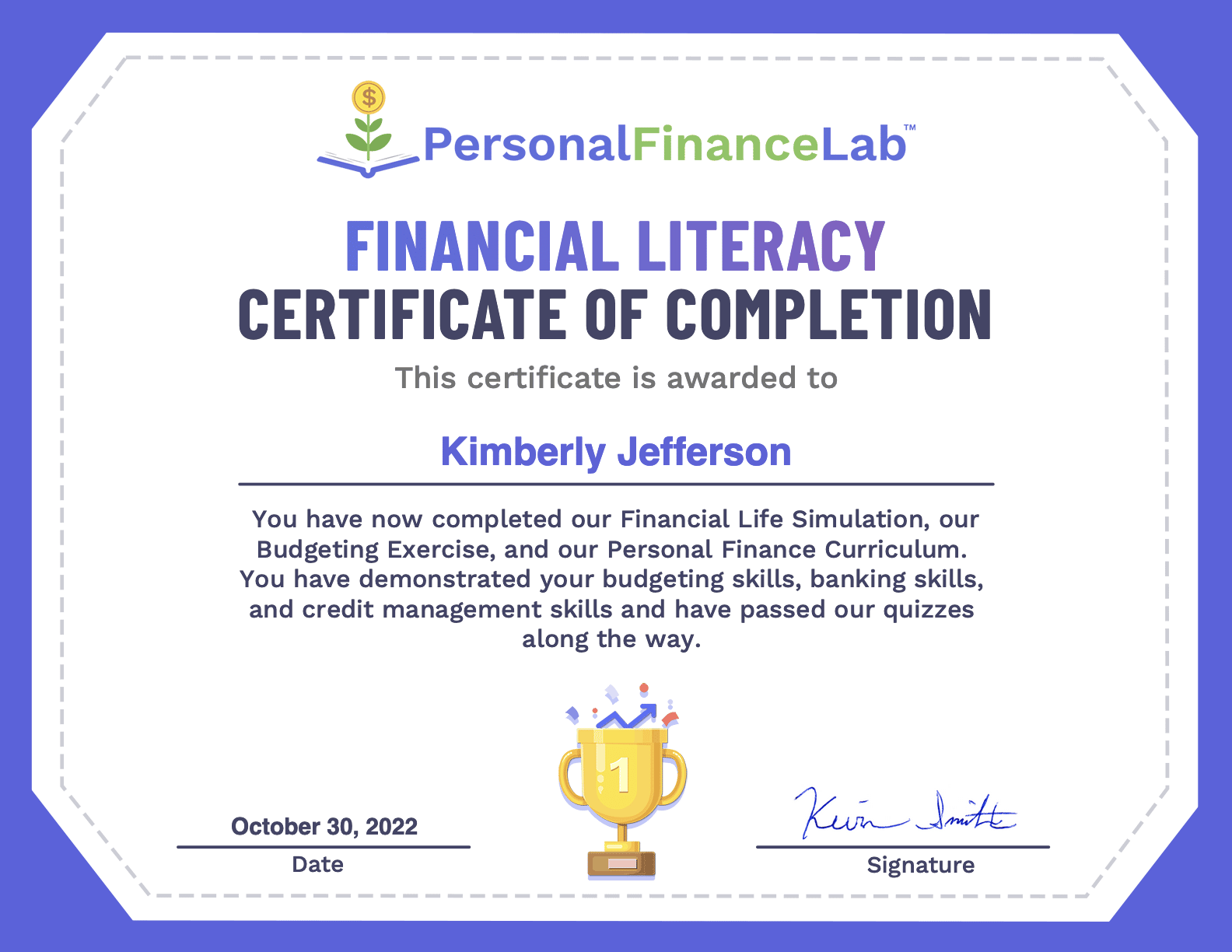 financial literacy certificate of completion