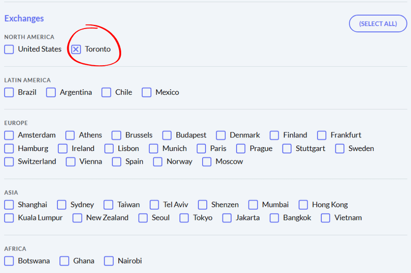 Screenshot of PersonalFinanceLab exchange selection to enable Toronto stock exchange (TSX)